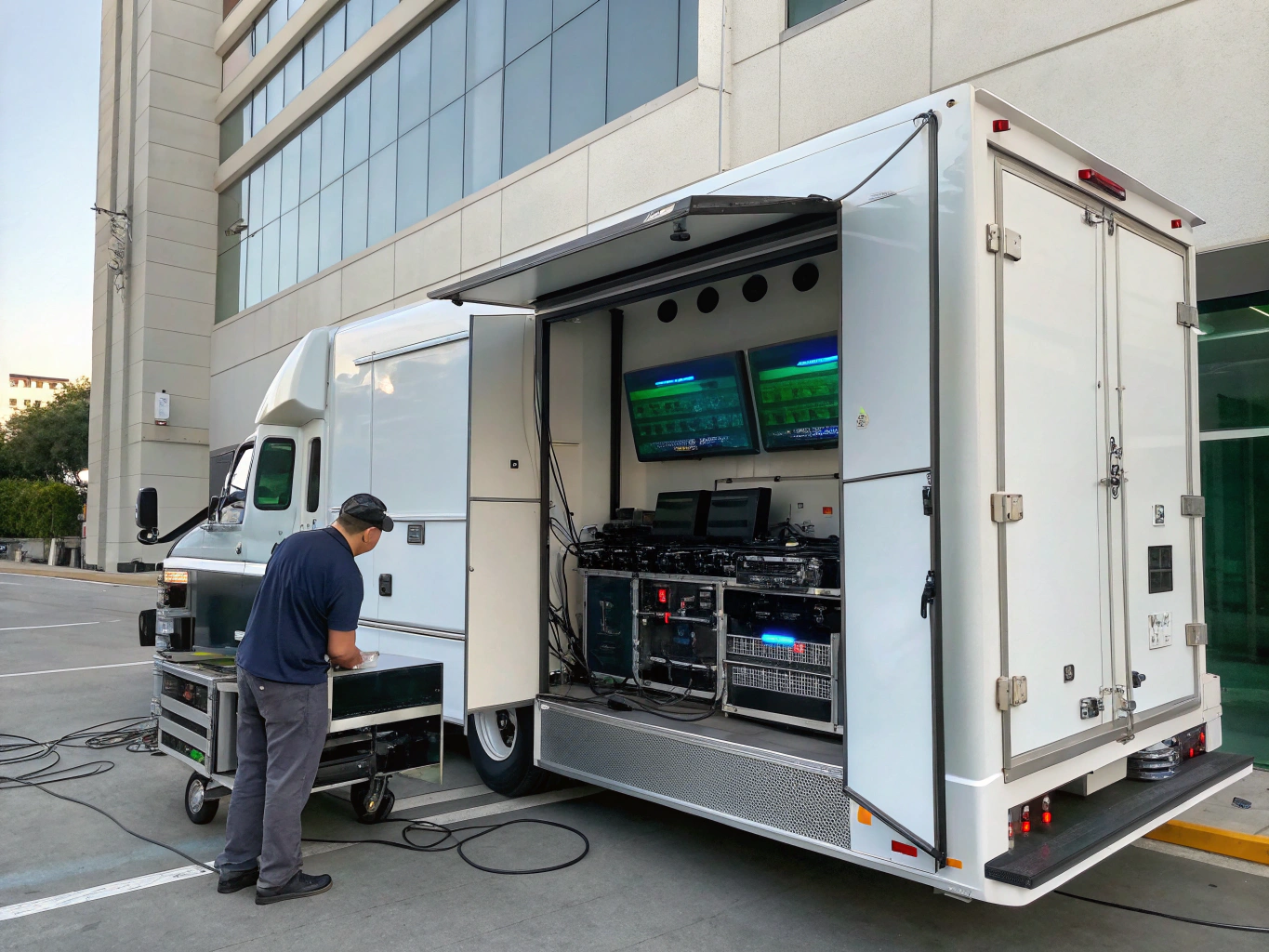 Modified shipping container serving as an on-site production office and base camp with workstations, communication systems, and crew coordination facilities.
