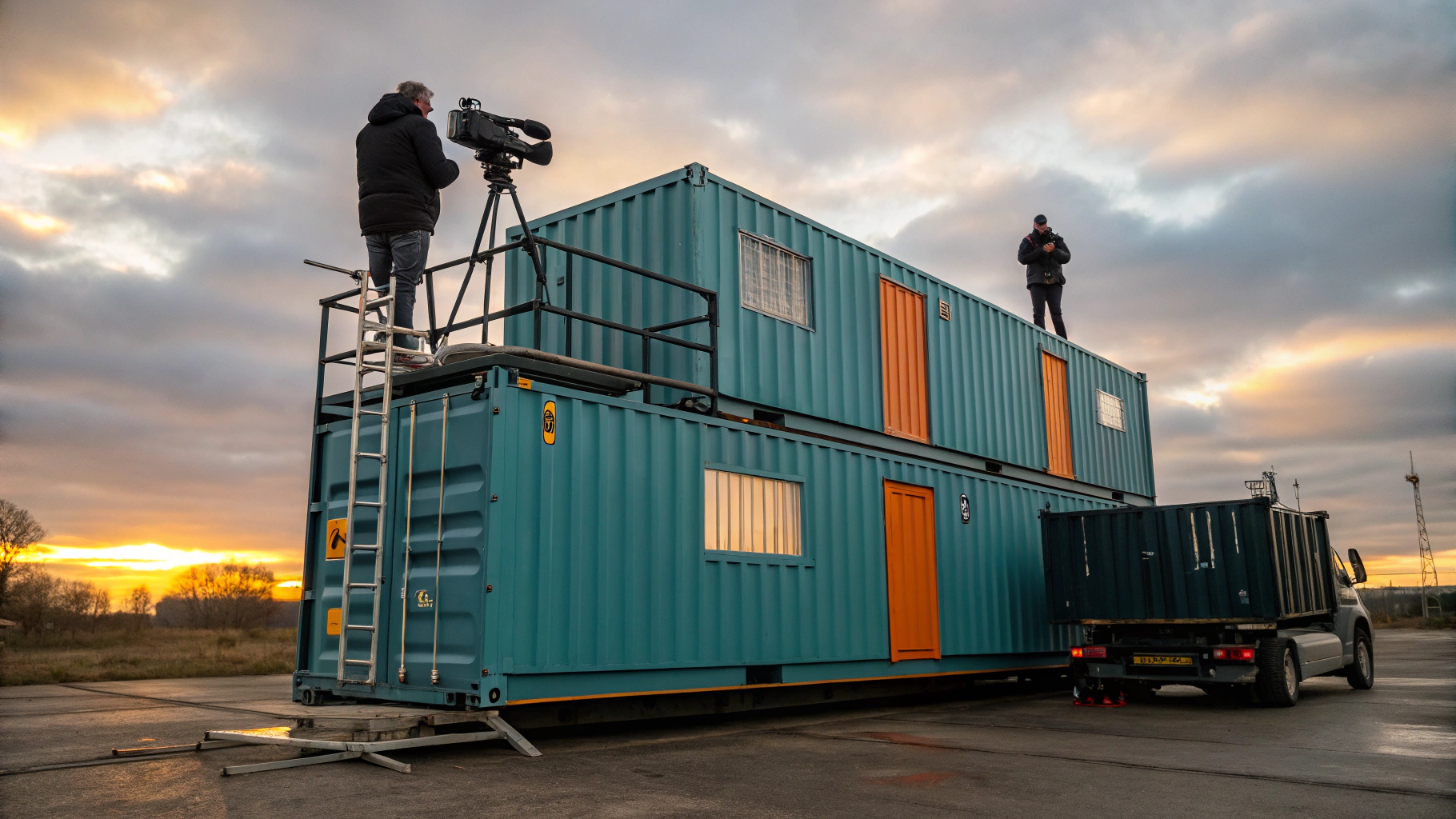 Versatile shipping container configuration designed for mobile production trailers with customizable interior layouts and equipment storage.